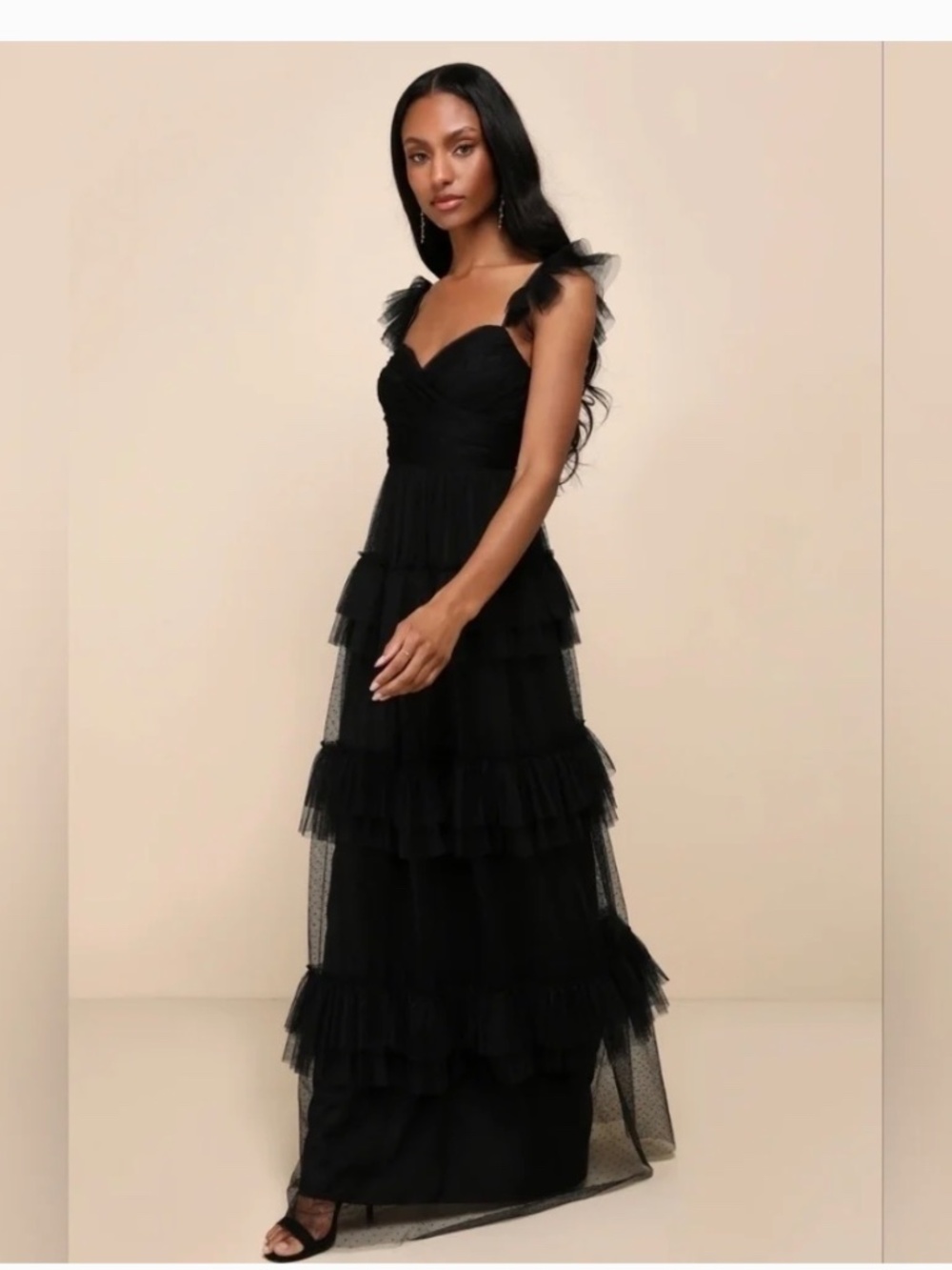 NWOT Lulus Pure Radiance Black Mesh Swiss Dot Tiered Maxi Dress M - Picture 3 of 4